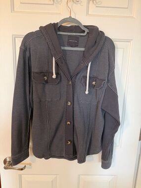 American Eagle Dark Gray Waffle Knit Hooded Shirt Jacket